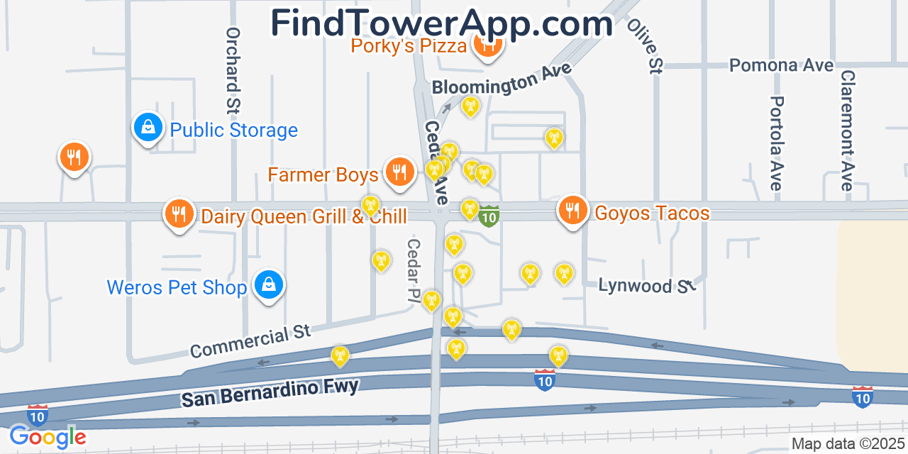 Map showing the 20 primary cell tower locations detected in Bloomington, California from AT&T, Verizon, and T-Mobile networks