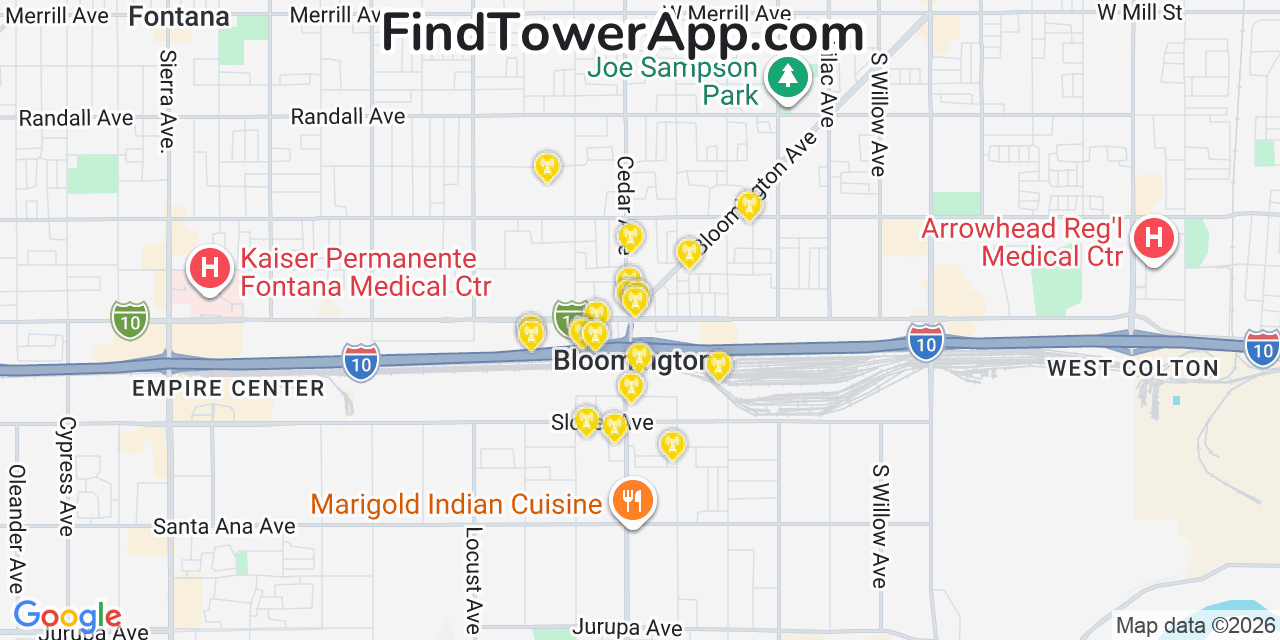 Map showing the 20 primary cell tower locations detected in Bloomington, California from AT&T, Verizon, and T-Mobile networks