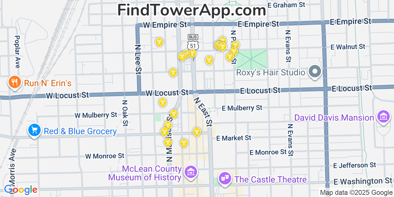 Map showing the 20 primary cell tower locations detected in Bloomington, Illinois from AT&T, Verizon, and T-Mobile networks