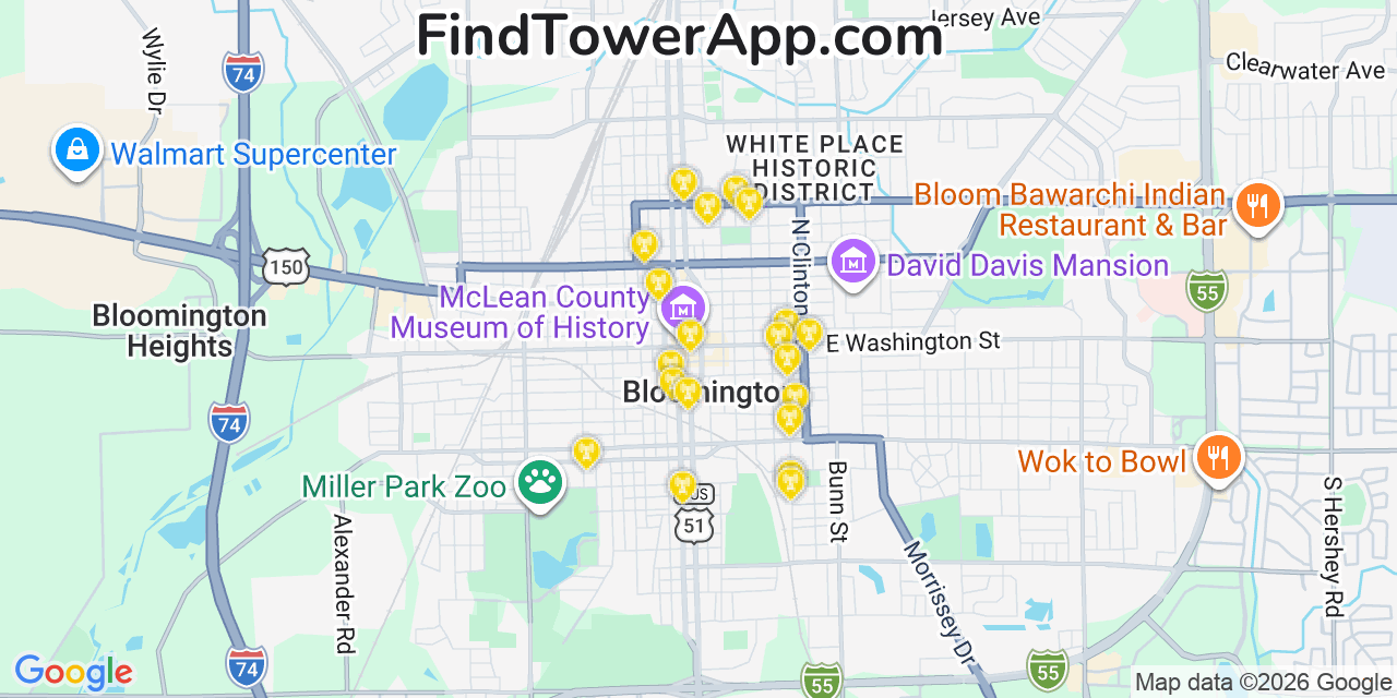 Map showing the 20 primary cell tower locations detected in Bloomington, Illinois from AT&T, Verizon, and T-Mobile networks