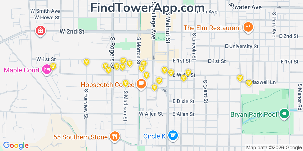 Map showing the 20 primary cell tower locations detected in Bloomington, Indiana from AT&T, Verizon, and T-Mobile networks