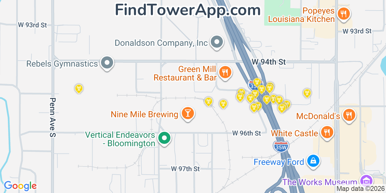 Map showing the 20 primary cell tower locations detected in Bloomington, Minnesota from AT&T, Verizon, and T-Mobile networks