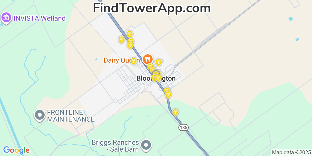 Map showing the 20 primary cell tower locations detected in Bloomington, Texas from AT&T, Verizon, and T-Mobile networks