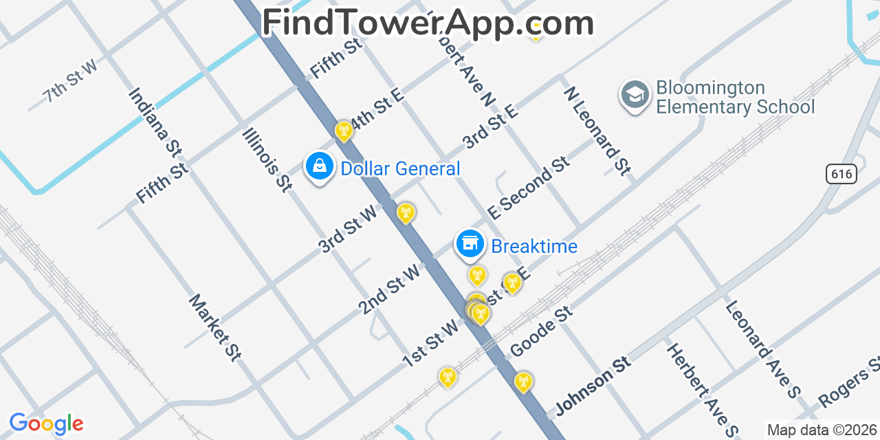 Map showing the 20 primary cell tower locations detected in Bloomington, Texas from AT&T, Verizon, and T-Mobile networks