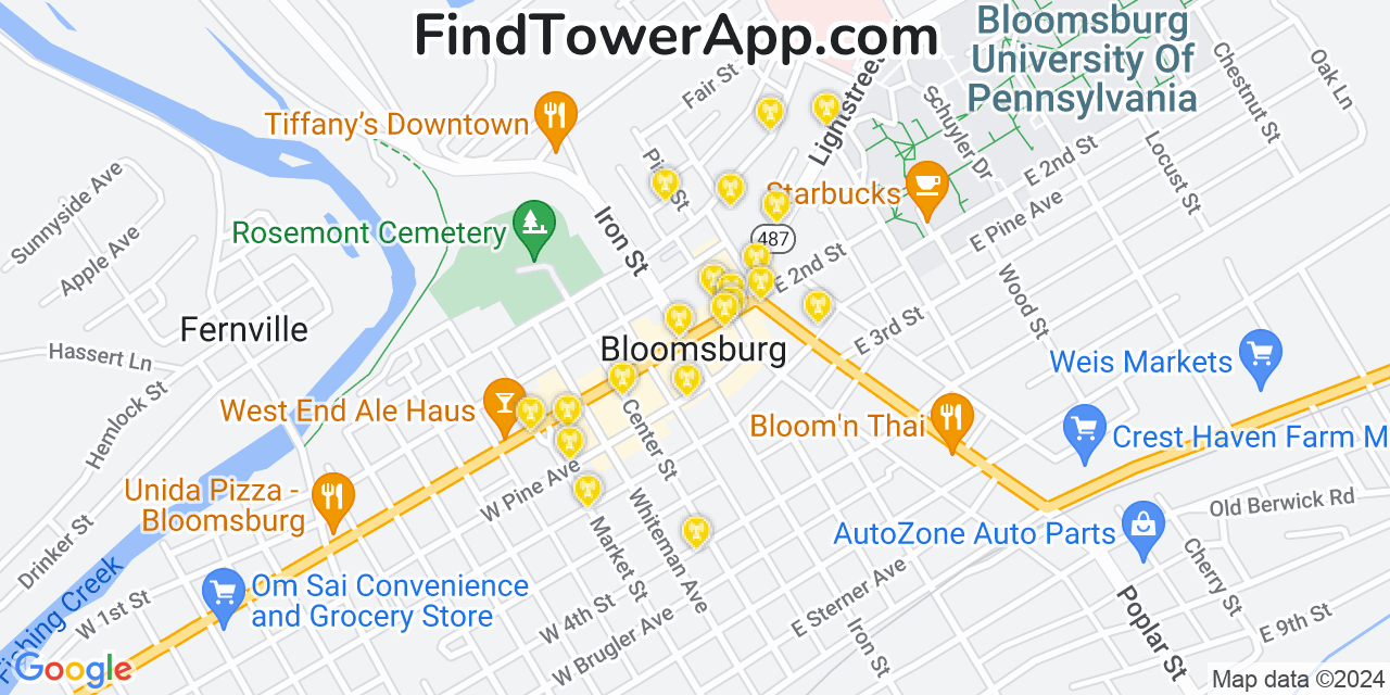 AT&T 4G/5G cell tower coverage map Bloomsburg, Pennsylvania