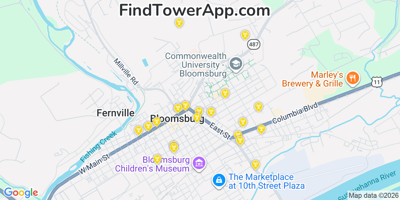 Map showing the 20 primary cell tower locations detected in Bloomsburg, Pennsylvania from AT&T, Verizon, and T-Mobile networks