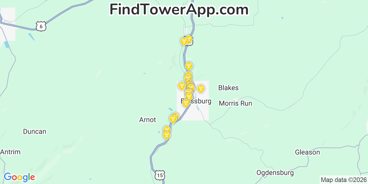Map showing the 20 primary cell tower locations detected in Blossburg, Pennsylvania from AT&T, Verizon, and T-Mobile networks