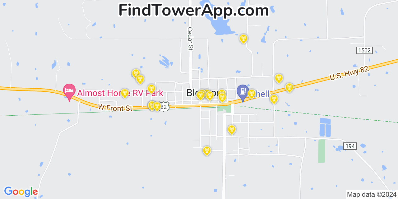 AT&T 4G/5G cell tower coverage map Blossom, Texas