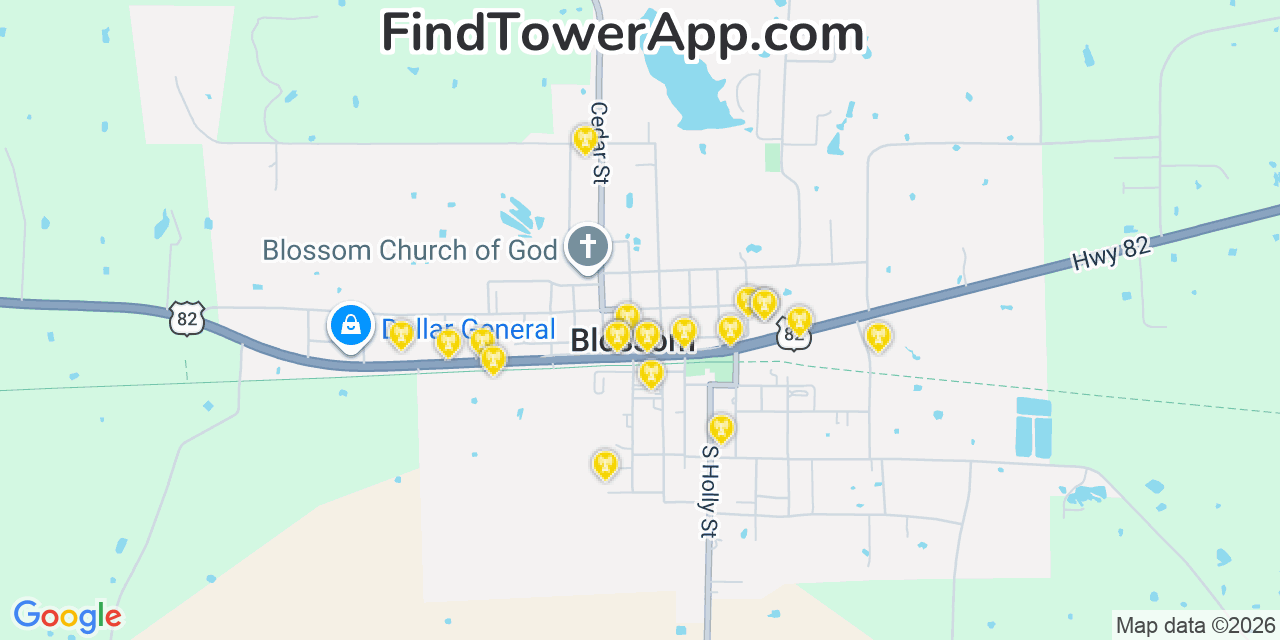 Map showing the 20 primary cell tower locations detected in Blossom, Texas from AT&T, Verizon, and T-Mobile networks