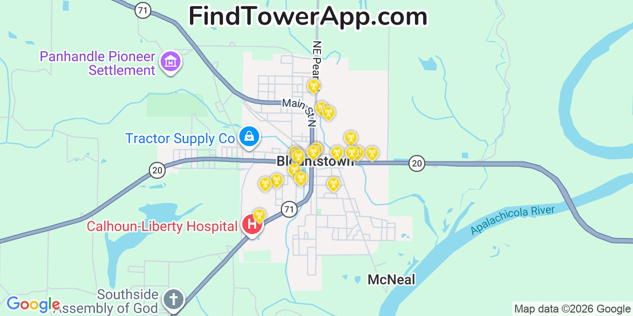 Map showing the 20 primary cell tower locations detected in Blountstown, Florida from AT&T, Verizon, and T-Mobile networks