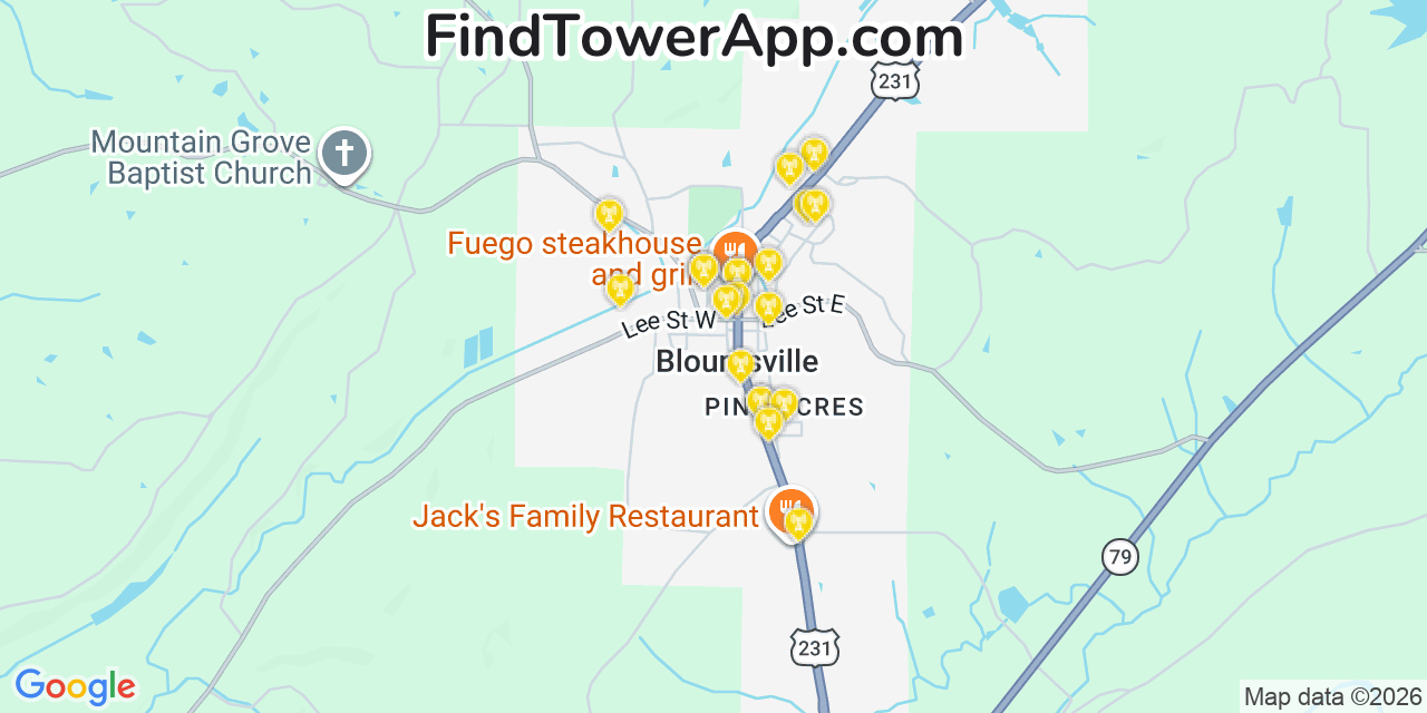Map showing the 20 primary cell tower locations detected in Blountsville, Alabama from AT&T, Verizon, and T-Mobile networks