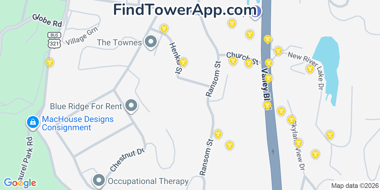 Map showing the 20 primary cell tower locations detected in Blowing Rock, North Carolina from AT&T, Verizon, and T-Mobile networks