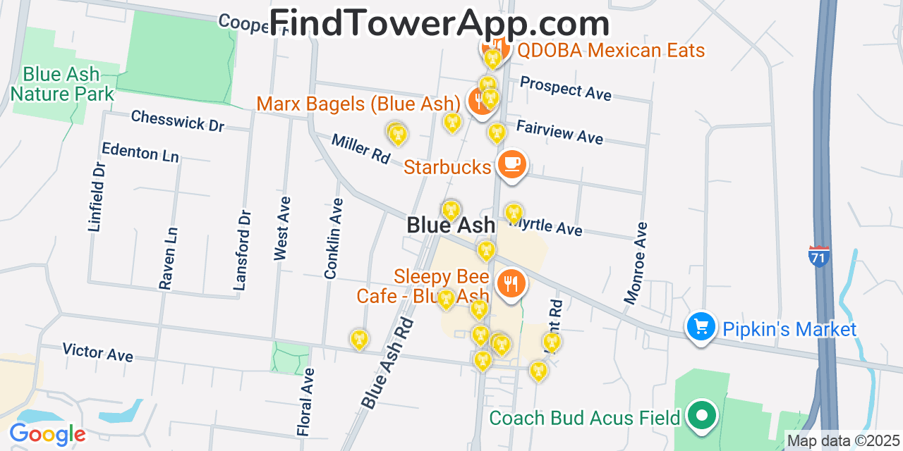 Map showing the 20 primary cell tower locations detected in Blue Ash, Ohio from AT&T, Verizon, and T-Mobile networks