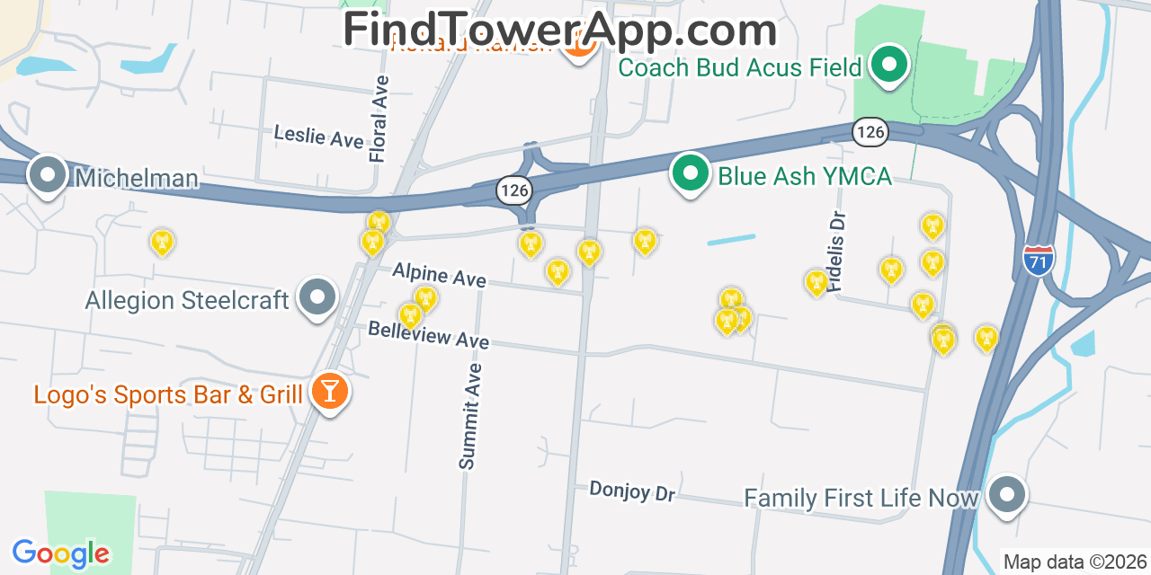 Map showing the 20 primary cell tower locations detected in Blue Ash, Ohio from AT&T, Verizon, and T-Mobile networks