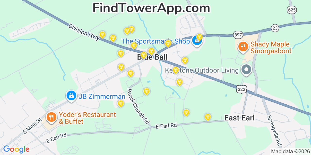 Map showing the 20 primary cell tower locations detected in Blue Ball, Pennsylvania from AT&T, Verizon, and T-Mobile networks