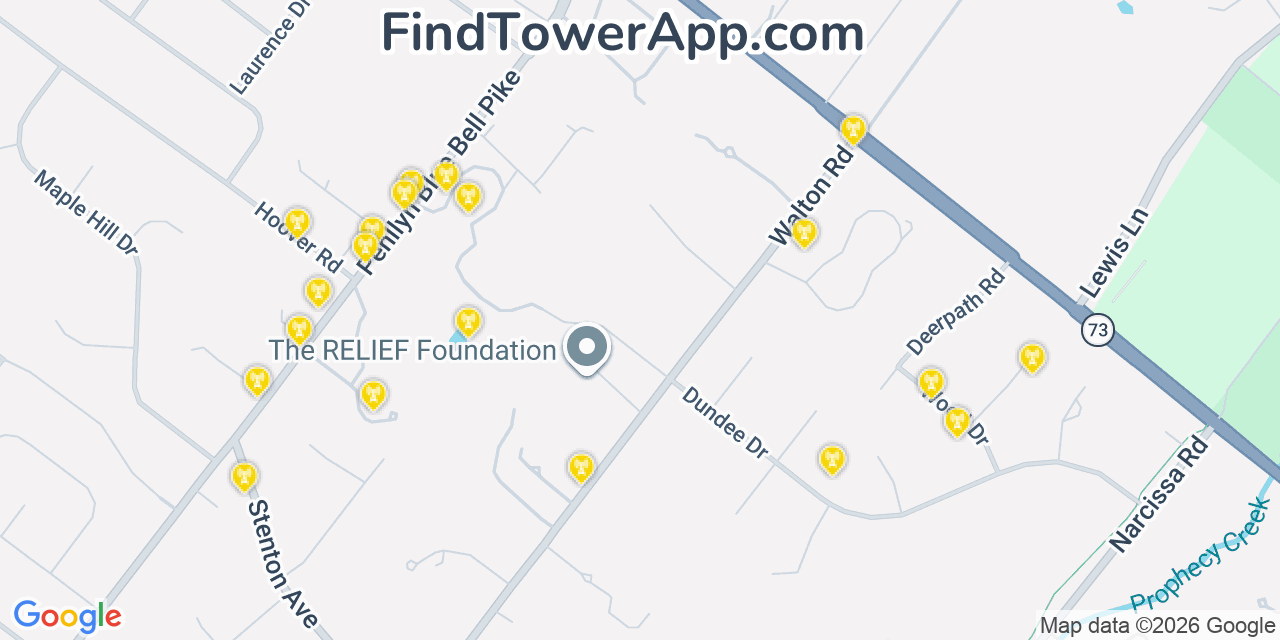 Map showing the 20 primary cell tower locations detected in Blue Bell, Pennsylvania from AT&T, Verizon, and T-Mobile networks