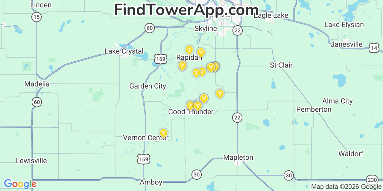 Map showing the 20 primary cell tower locations detected in Blue Earth, Minnesota from AT&T, Verizon, and T-Mobile networks
