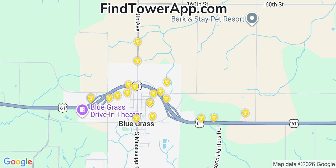 Map showing the 20 primary cell tower locations detected in Blue Grass, Iowa from AT&T, Verizon, and T-Mobile networks