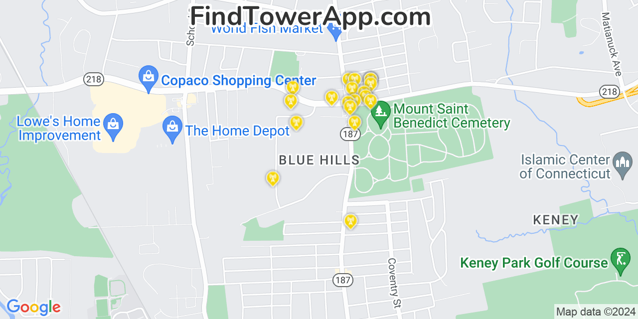 AT&T 4G/5G cell tower coverage map Blue Hills, Connecticut