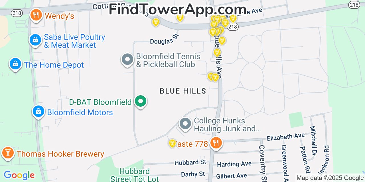 Map showing the 20 primary cell tower locations detected in Blue Hills, Connecticut from AT&T, Verizon, and T-Mobile networks