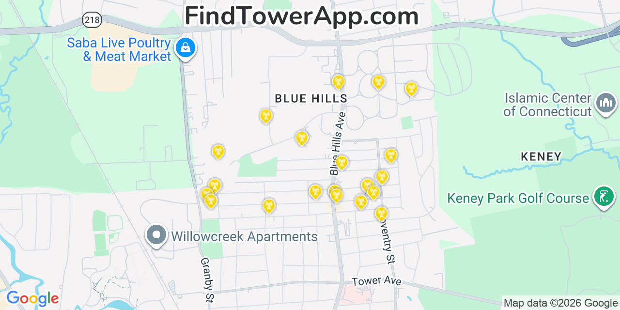 Map showing the 20 primary cell tower locations detected in Blue Hills, Connecticut from AT&T, Verizon, and T-Mobile networks