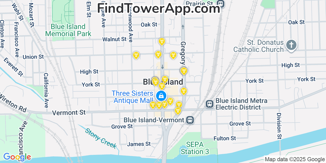 Map showing the 20 primary cell tower locations detected in Blue Island, Illinois from AT&T, Verizon, and T-Mobile networks