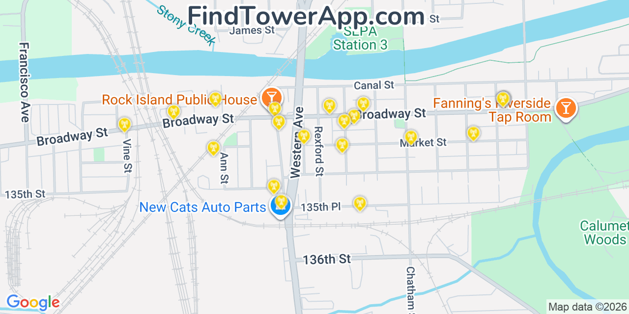 Map showing the 20 primary cell tower locations detected in Blue Island, Illinois from AT&T, Verizon, and T-Mobile networks