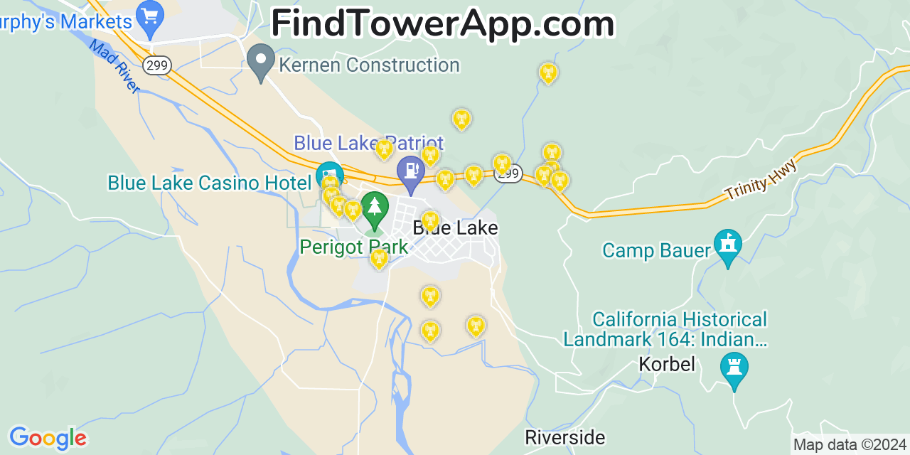 AT&T 4G/5G cell tower coverage map Blue Lake, California