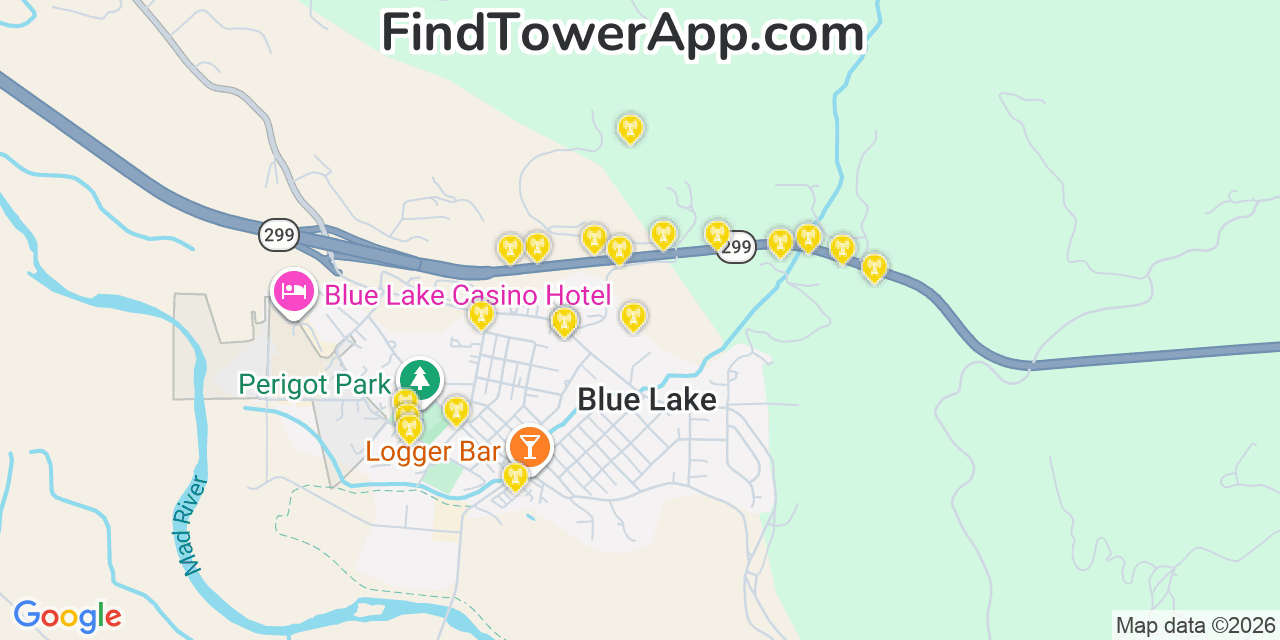 Map showing the 20 primary cell tower locations detected in Blue Lake, California from AT&T, Verizon, and T-Mobile networks
