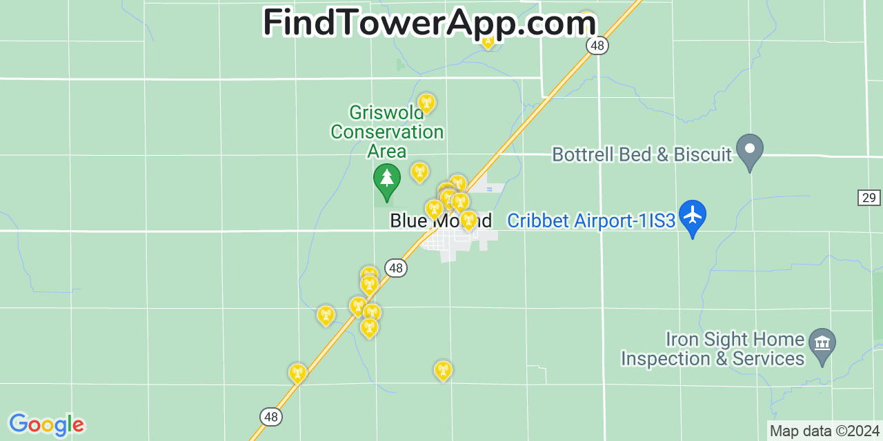 AT&T 4G/5G cell tower coverage map Blue Mound, Illinois