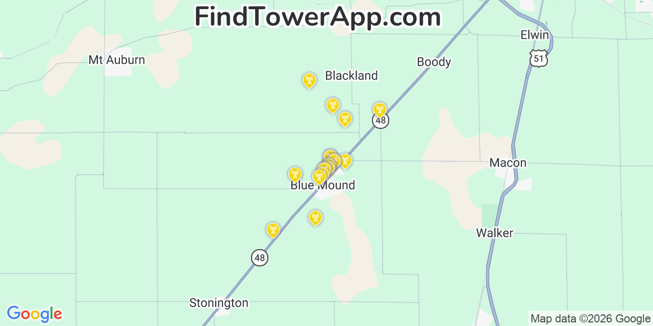 Map showing the 20 primary cell tower locations detected in Blue Mound, Illinois from AT&T, Verizon, and T-Mobile networks