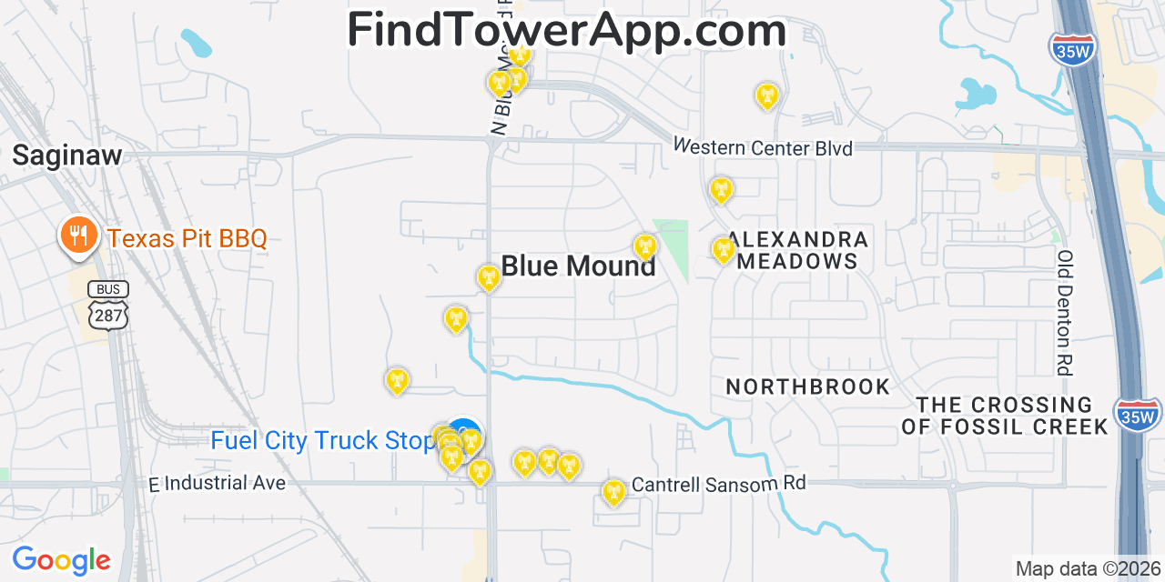 Map showing the 20 primary cell tower locations detected in Blue Mound, Texas from AT&T, Verizon, and T-Mobile networks