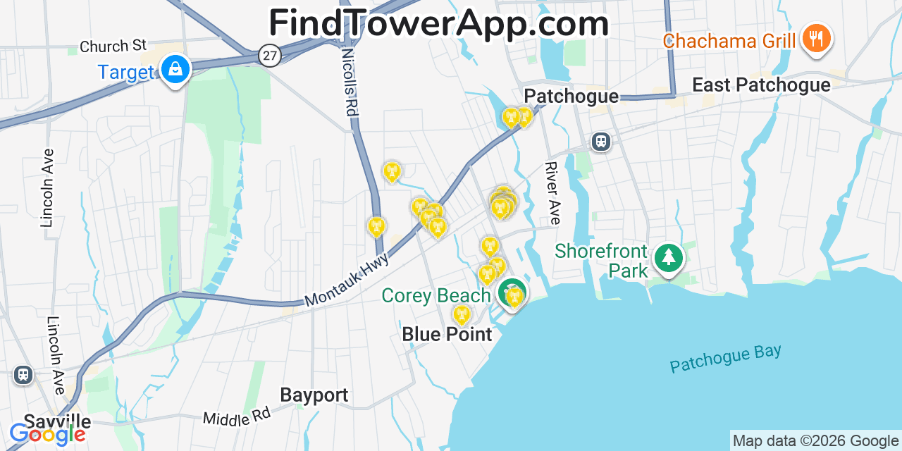 Map showing the 20 primary cell tower locations detected in Blue Point, New York from AT&T, Verizon, and T-Mobile networks