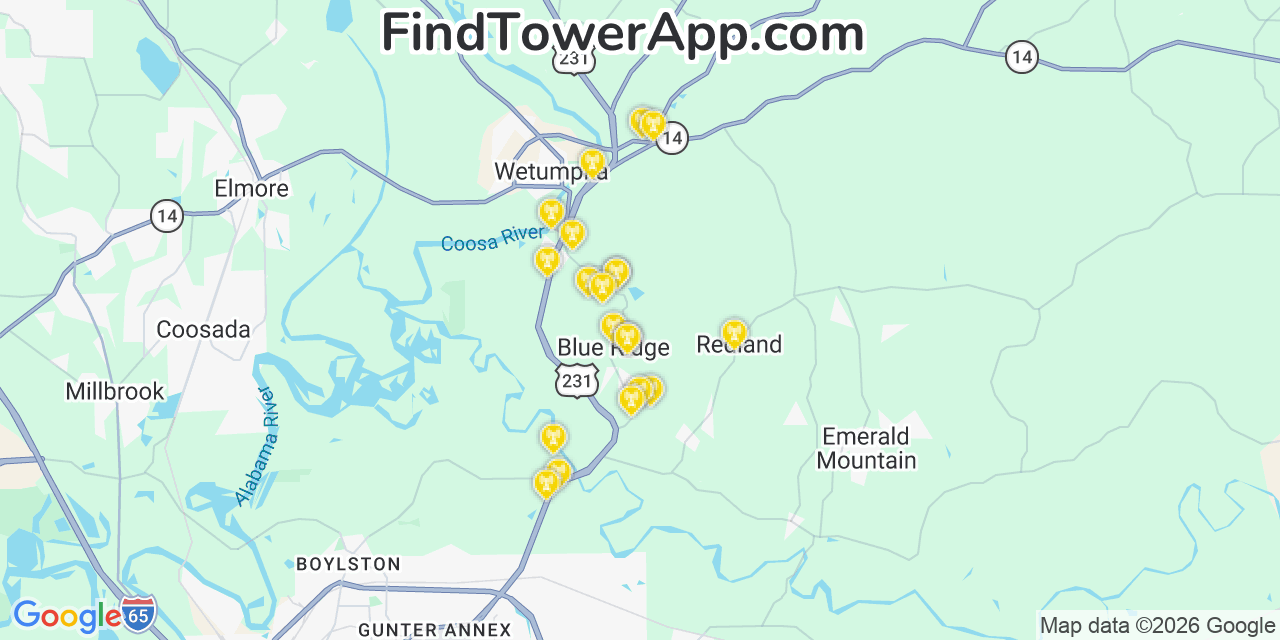 Map showing the 20 primary cell tower locations detected in Blue Ridge, Alabama from AT&T, Verizon, and T-Mobile networks
