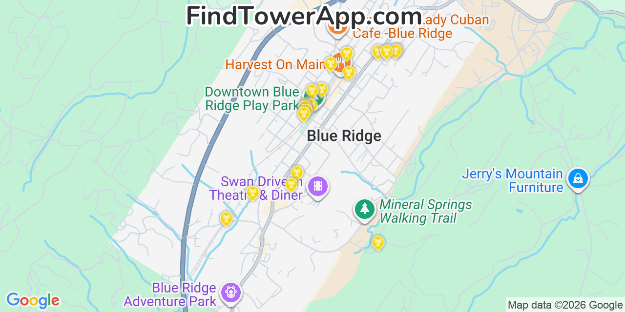Map showing the 20 primary cell tower locations detected in Blue Ridge, Georgia from AT&T, Verizon, and T-Mobile networks