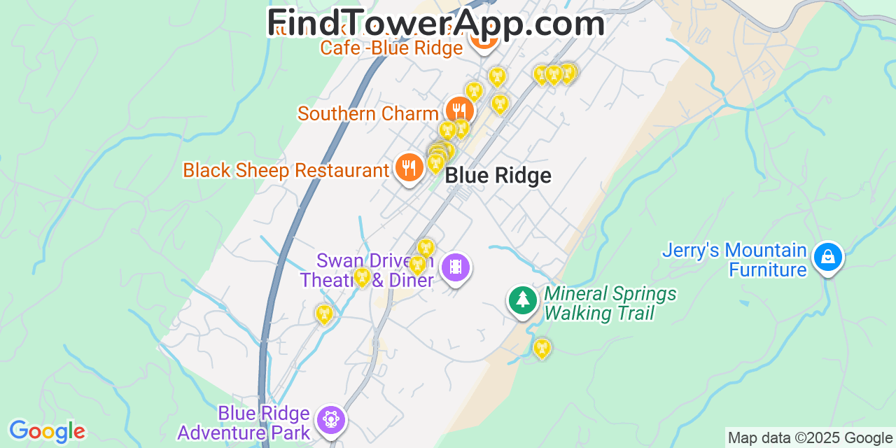 Map showing the 20 primary Mobitel cell tower locations detected in Blue Ridge, Georgia with coverage radius and signal strength indicators