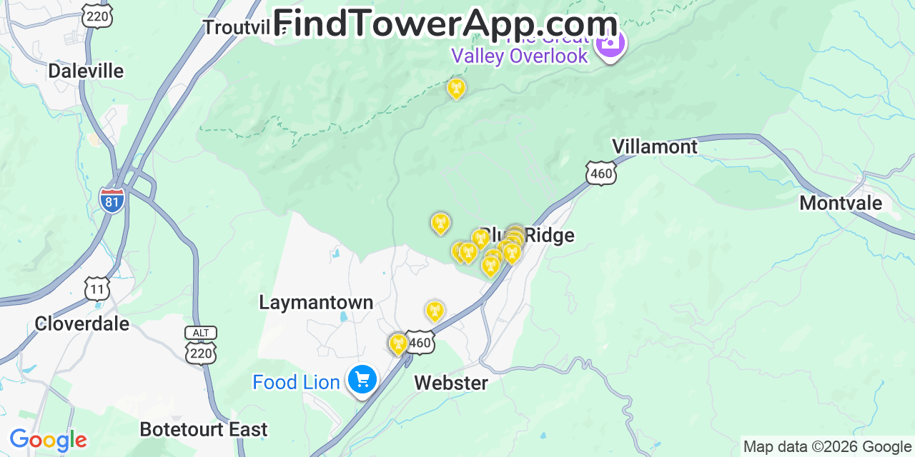 Map showing the 20 primary cell tower locations detected in Blue Ridge, Virginia from AT&T, Verizon, and T-Mobile networks