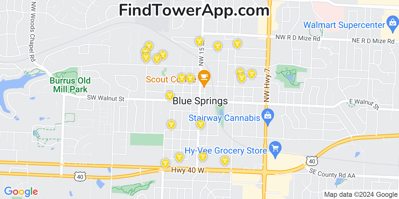 AT&T 4G/5G cell tower coverage map Blue Springs, Missouri