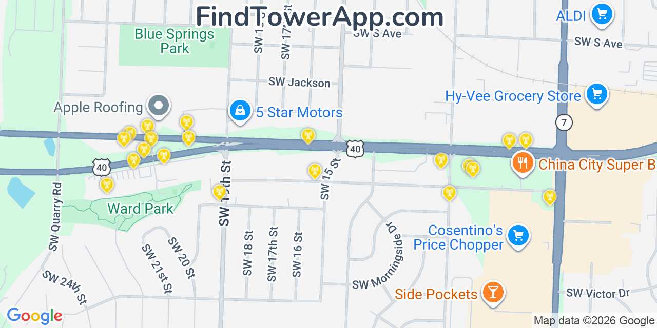 Map showing the 20 primary cell tower locations detected in Blue Springs, Missouri from AT&T, Verizon, and T-Mobile networks