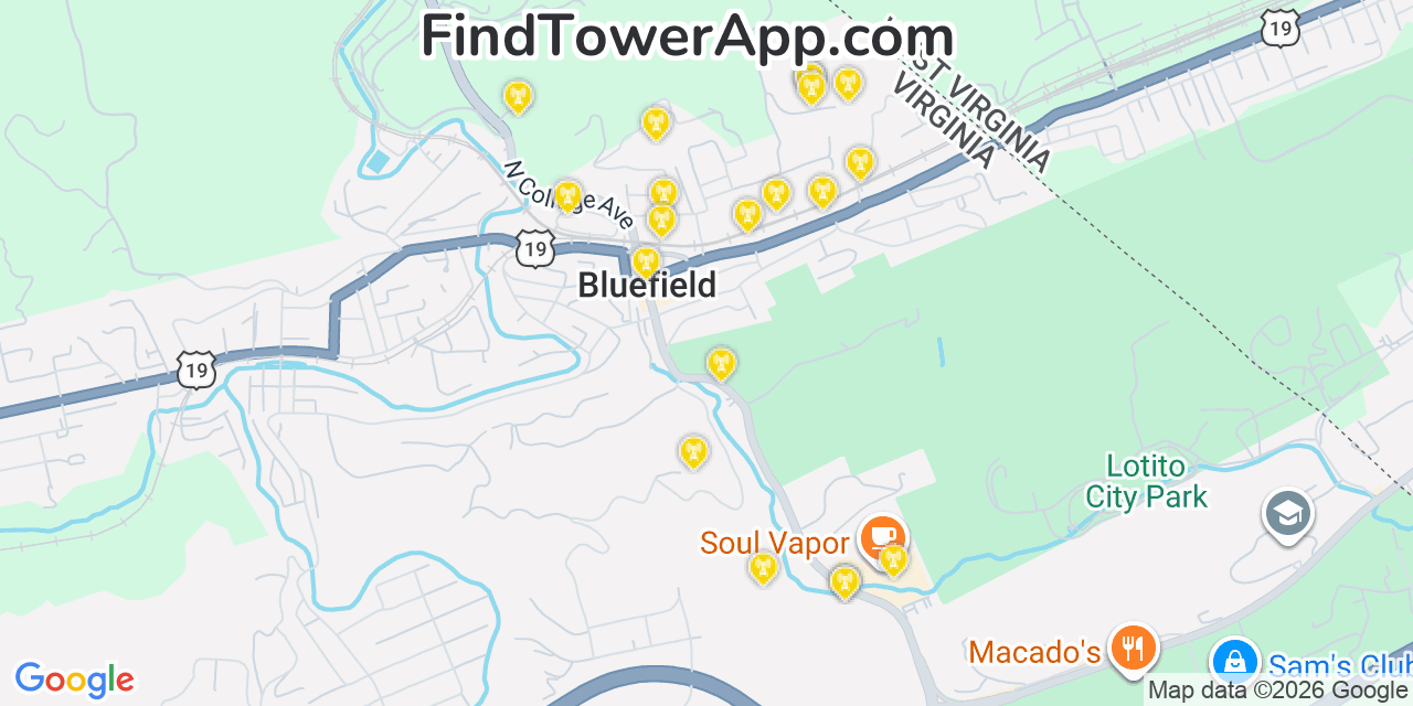 Map showing the 20 primary cell tower locations detected in Bluefield, Virginia from AT&T, Verizon, and T-Mobile networks