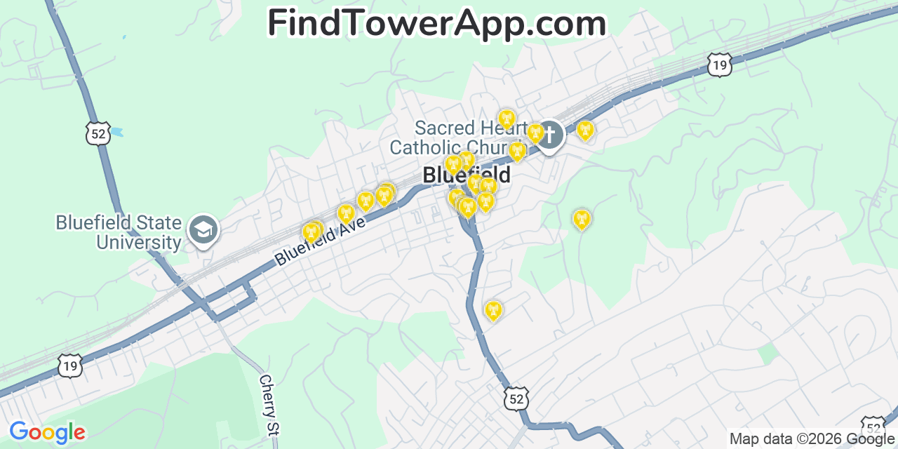 Map showing the 20 primary cell tower locations detected in Bluefield, West Virginia from AT&T, Verizon, and T-Mobile networks