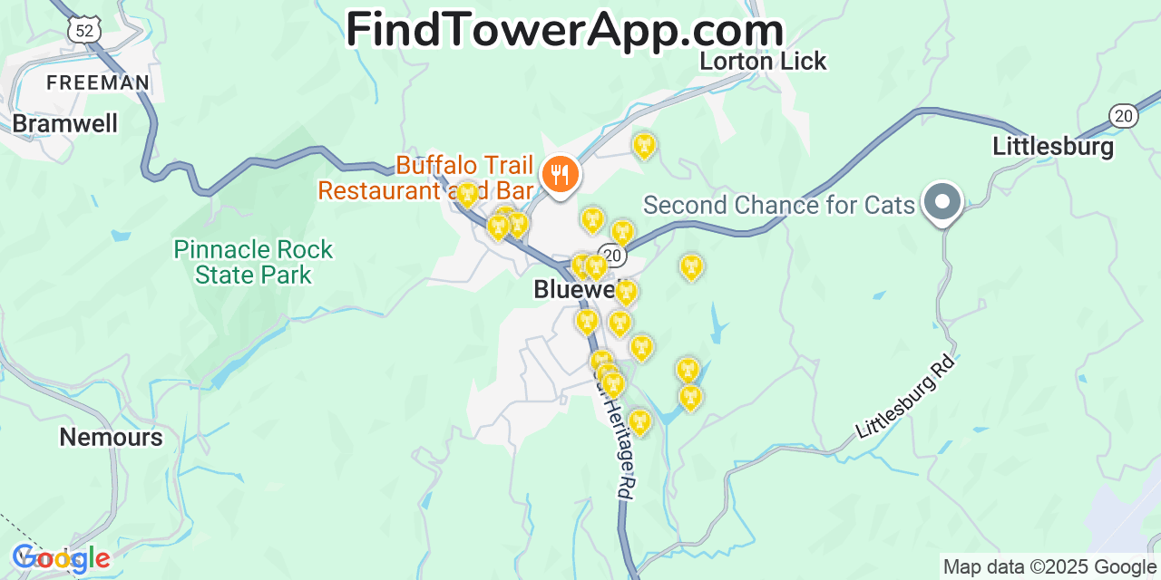Map showing the 20 primary cell tower locations detected in Bluewell, West Virginia from AT&T, Verizon, and T-Mobile networks
