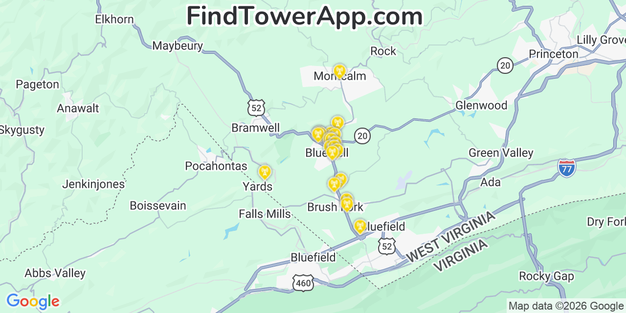 Map showing the 20 primary cell tower locations detected in Bluewell, West Virginia from AT&T, Verizon, and T-Mobile networks