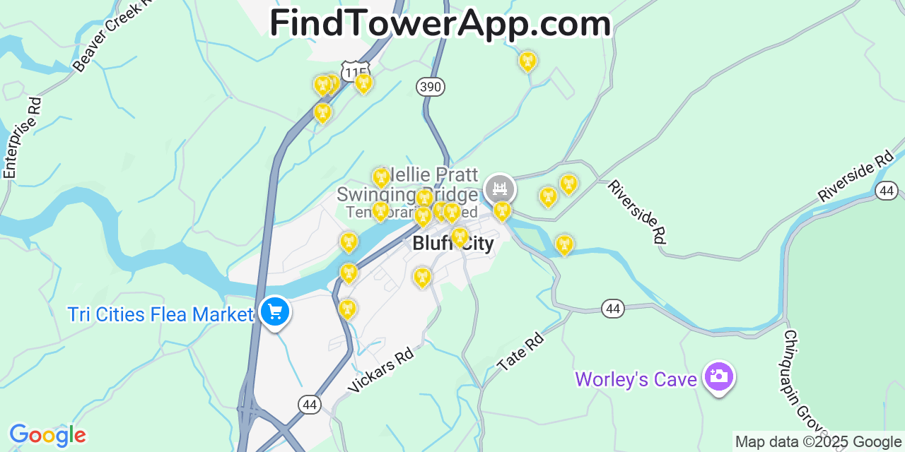 Map showing the 20 primary cell tower locations detected in Bluff City, Tennessee from AT&T, Verizon, and T-Mobile networks