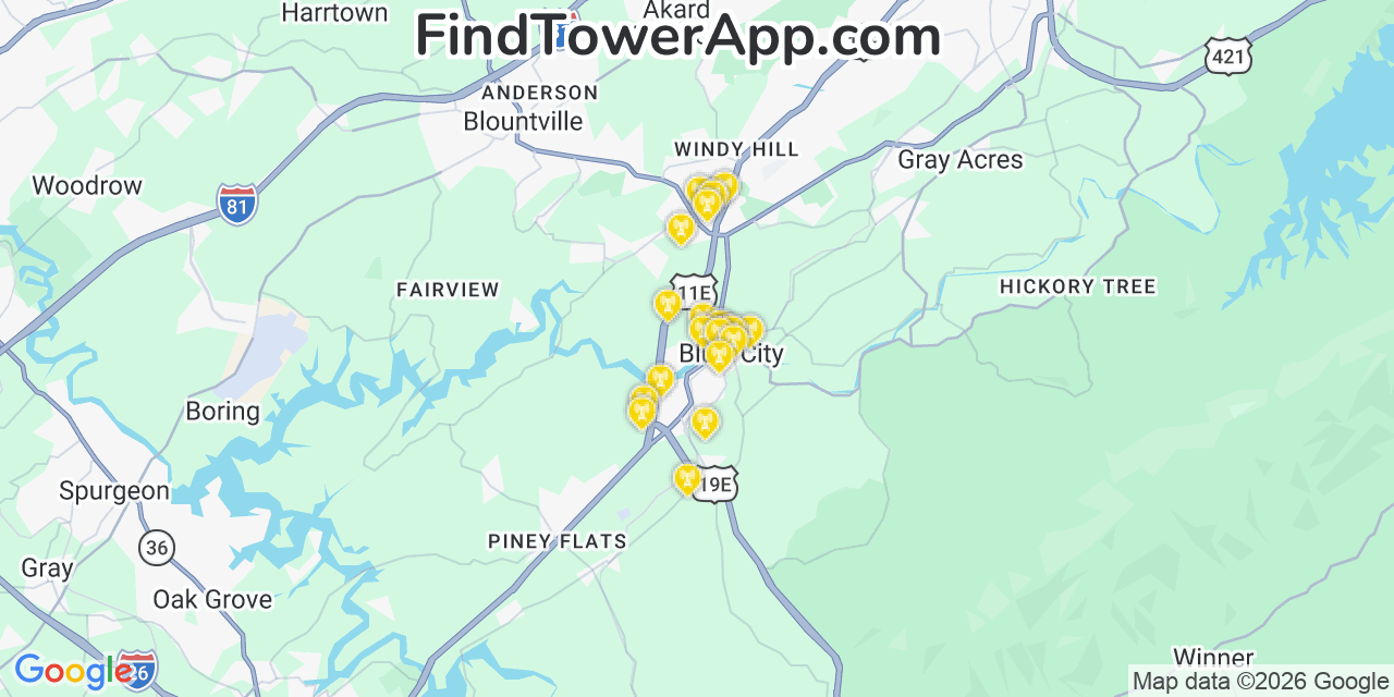 Map showing the 20 primary cell tower locations detected in Bluff City, Tennessee from AT&T, Verizon, and T-Mobile networks