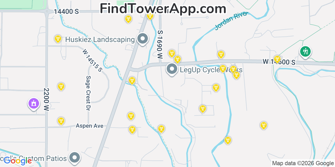 Map showing the 20 primary cell tower locations detected in Bluffdale, Utah from AT&T, Verizon, and T-Mobile networks