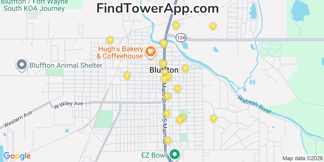 Map showing the 20 primary cell tower locations detected in Bluffton, Indiana from AT&T, Verizon, and T-Mobile networks