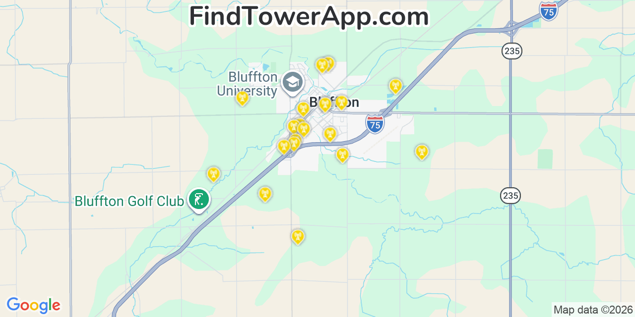 Map showing the 20 primary cell tower locations detected in Bluffton, Ohio from AT&T, Verizon, and T-Mobile networks