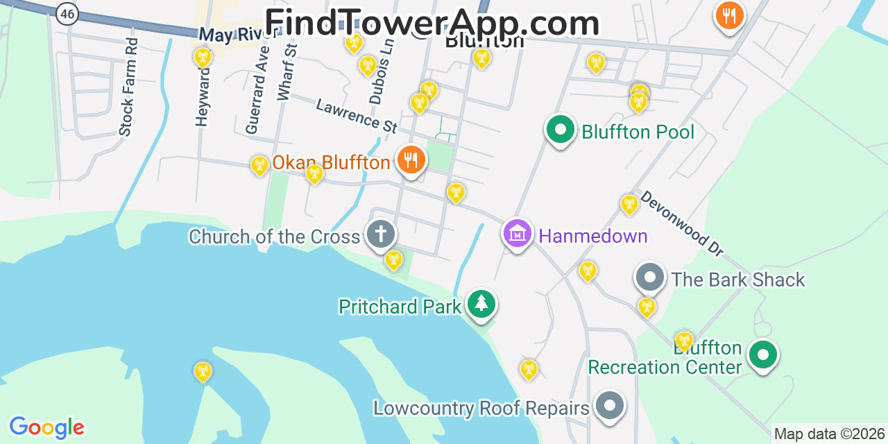 Map showing the 20 primary cell tower locations detected in Bluffton, South Carolina from AT&T, Verizon, and T-Mobile networks