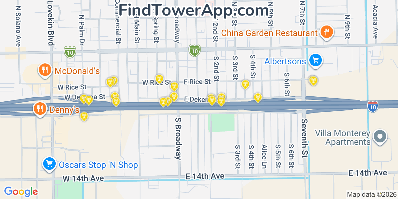Map showing the 20 primary cell tower locations detected in Blythe, California from AT&T, Verizon, and T-Mobile networks